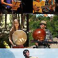 Das Bild zeigt eine Collage von fünf verschiedenen Musikern mit traditionellen Instrumenten. In den oberen Bildern sind Personen beim Singen mit Mikrofonen und Gitarre zu sehen, während die unteren drei Bilder Personen mit verschiedenen Trommeln und Perkussionsinstrumenten in natürlichen Umgebungen wie Wald, vor grünen Hügeln und am Meer darstellen.