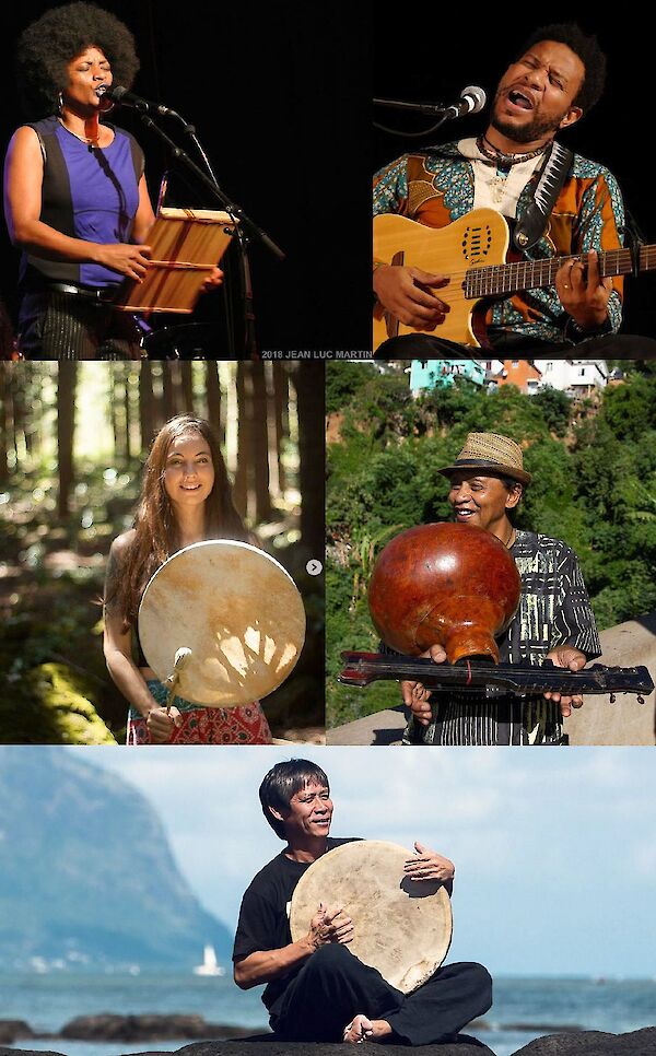 The picture shows a collage of five different musicians with traditional instruments. The top pictures show people singing with microphones and guitars, while the bottom three pictures show people with various drums and percussion instruments in natural settings such as forests, in front of green hills and by the sea.