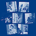 The image shows a collage of musicians playing various instruments, including guitar, saxophone, trumpet, trombone and piano, all wearing headphones while making music. The photos are in a blue colour and show the musicians in a recording studio or at a rehearsal, suggesting a band or music ensemble.