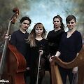 4 Musiker sind auf dem Bild. Sie tragen schwarze Kleidung. Sie halten Instrumente: einen Kontrabass, eine Violine und eine Harfe. Der Hintergrund ist neblig und weich. Das Bild wirkt künstlerisch.