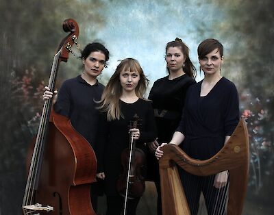4 Musiker sind auf dem Bild. Sie tragen schwarze Kleidung. Sie halten Instrumente: einen Kontrabass, eine Violine und eine Harfe. Der Hintergrund ist neblig und weich. Das Bild wirkt künstlerisch.