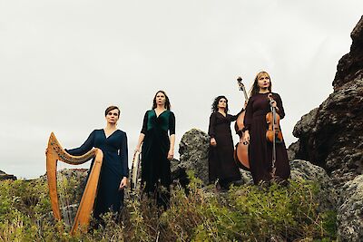 Das Bild zeigt 4 Musikerinnen. Sie tragen dunkle Kleider. In ihrer Hand halten sie Musikinstrumente: eine Harfe, eine Flöte und eine Geige. Sie stehen auf einer felsigen Wiese. Über ihnen ist ein grauer Himmel. Die Frauen sehen aus wie eine Musikgruppe, die in der Natur spielt.
