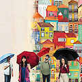 The picture shows an artistic scene with colourful, stylised houses in various shapes and colours in the background, reminiscent of Mediterranean or Portuguese architecture. In the foreground, people with different coloured umbrellas (blue, red and black) can be seen against this colourful backdrop of houses, creating an interesting contrast between the people and the lively, illustrated cityscape.