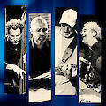 The picture shows an artistic collage of four vertical stripes depicting various musicians in black and white with a raster effect. The band members can be seen with their instruments - from left to right, a bassist, a guitarist, a singer with a baseball cap and a drummer - against a blue background.