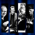 The image shows four vertical stripes with black and white, grid-like depictions of men in suits performing various activities - from gesticulating to playing the piano. The images have a vintage feel and are presented in an artistic pop art style with grid dots against a dark blue background.