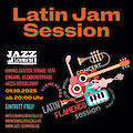 Das Bild zeigt ein Werbeplakat für eine "Latin Jam Session" in der Jazzschmiede Düsseldorf am 01.10.2025 ab 20:00 Uhr mit kostenlosem Eintritt. Das Design enthält bunte grafische Darstellungen von Musikinstrumenten wie Trompete, Gitarre und Keyboard sowie die Veranstaltungsdetails und Kontaktinformationen auf schwarzem Hintergrund.