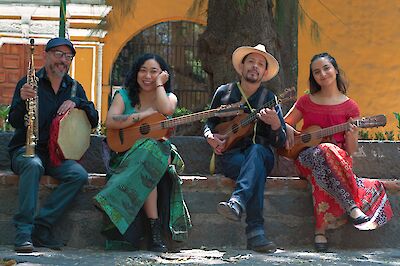 Four musicians sit relaxed on a stone wall under a tree and play traditional Mexican instruments such as guitars, a drum and a saxophone. The group wears colourful, traditional clothing and poses in front of a warm, orange-yellow house wall in a typical Mexican setting.