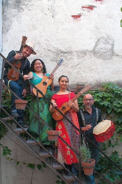 Four musicians in colourful, traditional clothing pose with their instruments on an outdoor staircase in front of a white wall. The group holds various stringed instruments and a drum and is surrounded by green plants in terracotta pots.