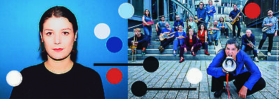 Das Bild zeigt eine Collage aus zwei Teilen: Links ist das Porträt einer Frau mit dunklen Haaren vor einem blauen Hintergrund mit bunten Kreisen zu sehen. Rechts befindet sich eine Gruppenaufnahme von Menschen auf einer Treppe, wobei im Vordergrund ein Mann in blauer Kleidung mit einem Megafon hockt.