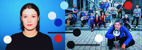 Das Bild zeigt eine Collage aus zwei Teilen: Links ist das Porträt einer Frau mit dunklen Haaren vor einem blauen Hintergrund mit bunten Kreisen zu sehen. Rechts befindet sich eine Gruppenaufnahme von Menschen auf einer Treppe, wobei im Vordergrund ein Mann in blauer Kleidung mit einem Megafon hockt.