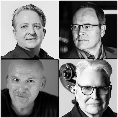 The picture shows four black and white portrait photos of middle-aged men arranged in a square. In the bottom right-hand picture, a double bass can be clearly recognised in the background, suggesting that these are musicians from the Weniger / Morello US Quartet.