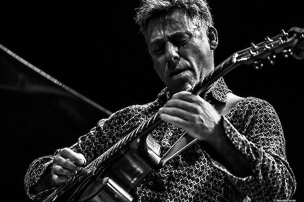 The black and white photograph shows a focused middle-aged jazz guitarist playing a hollow body guitar during a live performance. The musician wears a patterned shirt and is seen against a dark background in dramatic lighting that emphasises the intense atmosphere of the performance.
