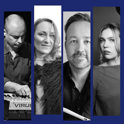 The picture shows four black and white portraits of people arranged in vertical stripes, including a man with an electronic music device, two women and a bearded man. The shots look like professional artist or band photos and are presented against a blue background.
