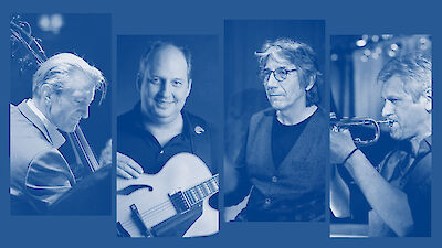 The picture shows four black and white portrait photos of musicians with their instruments, arranged in separate frames against a blue background. A bass player, a guitarist, a man with glasses (presumably playing the piano) and a trumpeter can be seen, who probably form a jazz or similar music group.