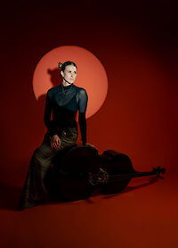A woman dressed in black sits in front of a reddish background with a large orange circle and poses with her double bass. She is wearing a transparent black top and patterned trousers, while the bass lies on the floor next to her.