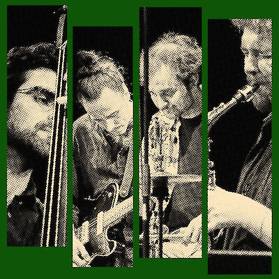 Das Bild zeigt vier Musiker in einem grafisch gestalteten, streifenförmigen Collage-Stil mit grünem Hintergrund und einem Schwarz-Weiß-Rastereffekt. Jeder Streifen zeigt einen Musiker mit seinem Instrument, darunter erkennbar ein Kontrabass, eine Gitarre und Blasinstrumente.