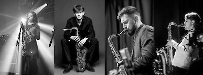 Eine schwarz-weiße Bildcollage zeigt vier Saxophonistinnen und Saxophonisten in verschiedenen Momenten: eine Frau auf einer Bühne im Scheinwerferlicht, ein junger Mann in einem Porträtfoto mit seinem Instrument, sowie zwei weitere Musikerinnen und Musiker beim Spielen in einem Konzertumfeld. Die Aufnahmen präsentieren die Künstlerinnen und Künstler ausdrucksstark und professionell mit ihren Saxophonen.