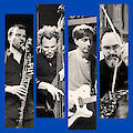 Four musicians are depicted in black-and-white, striped cut-outs against a blue background, each playing a different instrument, including the saxophone, double bass and guitar. The image has a graphic style reminiscent of record covers, with a screen-print effect.