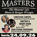 Ein Konzertplakat für die Veranstaltung „Bayoogie Masters – Die Meister aus Blues & Boogie Woogie" mit Fotos der auftretenden Künstler Christian Christl, Bastian & Benny Korn sowie Special-Guest Jean-Pierre Bertrand. Das Konzert findet am Donnerstag, den 24.09.26, um 20:00 Uhr in der Jazzschmiede in Düsseldorf statt, Tickets sind ab 29 Euro erhältlich.