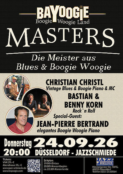 Ein Konzertplakat für die Veranstaltung „Bayoogie Masters – Die Meister aus Blues & Boogie Woogie" mit Fotos der auftretenden Künstler Christian Christl, Bastian & Benny Korn sowie Special-Guest Jean-Pierre Bertrand. Das Konzert findet am Donnerstag, den 24.09.26, um 20:00 Uhr in der Jazzschmiede in Düsseldorf statt, Tickets sind ab 29 Euro erhältlich.