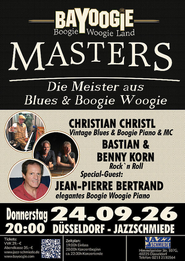 Ein Konzertplakat für die Veranstaltung „Bayoogie Masters – Die Meister aus Blues & Boogie Woogie" mit Fotos der auftretenden Künstler Christian Christl, Bastian & Benny Korn sowie Special-Guest Jean-Pierre Bertrand. Das Konzert findet am Donnerstag, den 24.09.26, um 20:00 Uhr in der Jazzschmiede in Düsseldorf statt, Tickets sind ab 29 Euro erhältlich.
