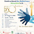 Veranstaltungsplakat zum 50-jährigen Jubiläum des Stadtverbands der Gehörlosen Düsseldorf e.V., das am 19. September 2026 stattfindet. Das Programm umfasst von 12:00 bis 02:00 Uhr verschiedene Aktivitäten wie Podiumsdiskussionen, Vorträge, eine Clownshow, Tombola und eine After-Party – der Eintritt ist frei.