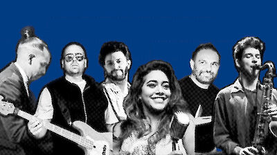 A group of six musicians is posing against a blue background, with some of them holding instruments such as guitars and a saxophone. The image is rendered in a two-tone black-and-white style, which gives the photograph a graphic, poster-like quality.