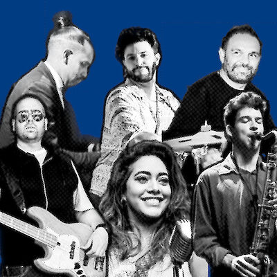 A band comprising six musicians is posing together against a blue background, with a smiling woman holding a microphone visible in the foreground. The image is rendered in a two-colour duotone style and shows other band members playing instruments such as a guitar and a saxophone.