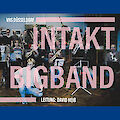 Das Bild zeigt ein Werbeplakat. Es zeigt die **Intakt Bigband der VHS Düsseldorf**. Man sieht Musikerinnen und Musiker. Sie spielen Blasinstrumente. Sie stehen in einem Probenraum. David Heiß leitet die Band. Sein Name steht auf dem Foto.