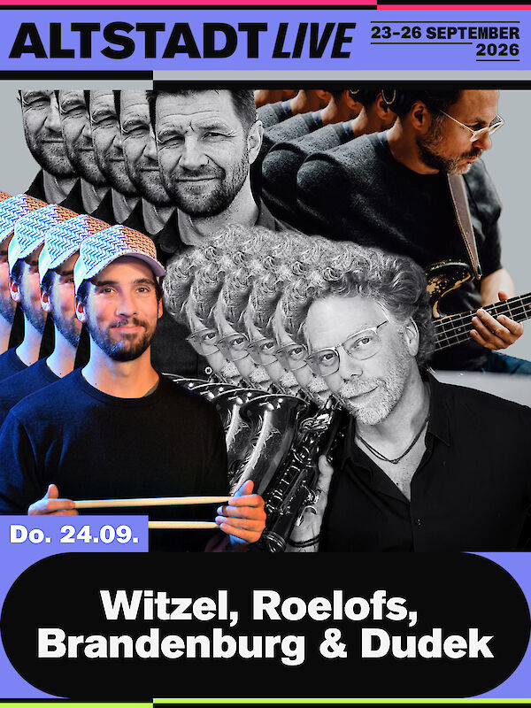 Veranstaltungsplakat für das Festival „Altstadt Live" vom 23. bis 26. September 2026, das eine Collage aus Schwarz-Weiß- und Farbfotos mehrerer Musiker zeigt, darunter ein Saxophonist, ein Gitarrist und ein Schlagzeuger. Am Donnerstag, den 24. September, treten die Künstler Witzel, Roelofs, Brandenburg & Dudek auf.